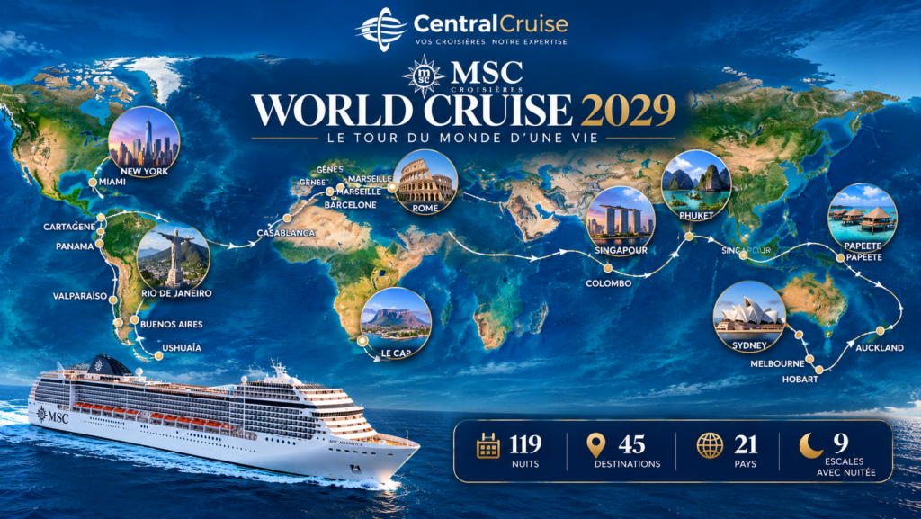 Itinéraire illustré de la MSC World Cruise 2029 à bord du MSC Magnifica, tour du monde en croisière avec Central Cruise.